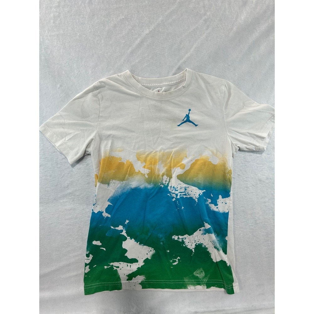 Jordan Boys White Graphic T-Shirt Blue Jumpman Logo Yellow Green Size Large L